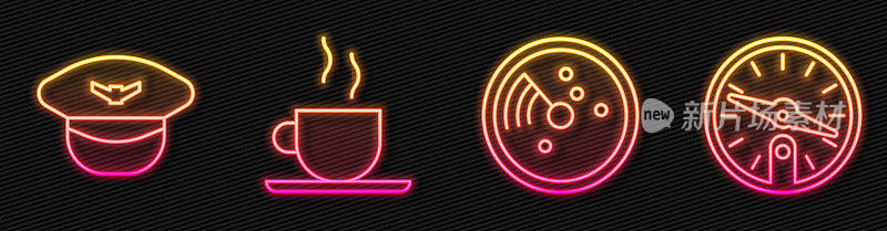 Set line Radar with targets on monitor, Pilot hat, Coffee cup and Compass. Glowing neon icon. Vector
